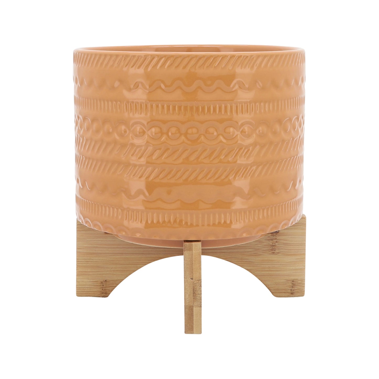 Sagebrook Home Tribal Ceramic Planter Pot with Natural Wood Stand