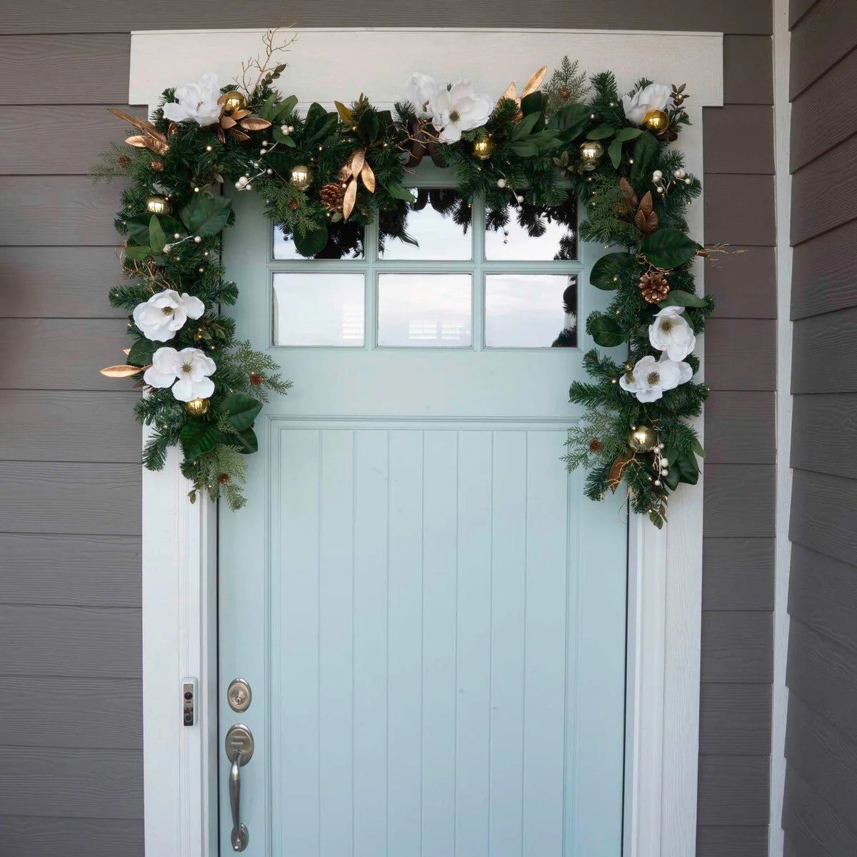 9 ft. Artificial Christmas Garland with Lights - White Gold Magnolia - 9 Foot