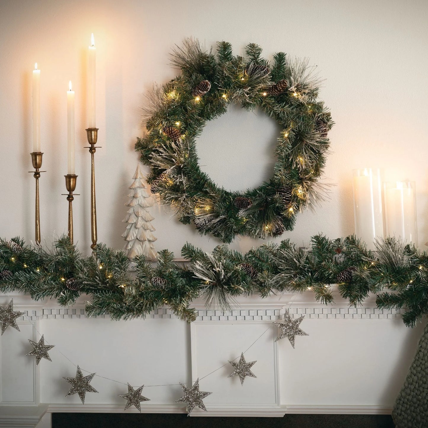 Sullivans Artificial 9' Flocked LED Pine Christmas Garland with Pinecones, Green, Indoor Christmas Decor