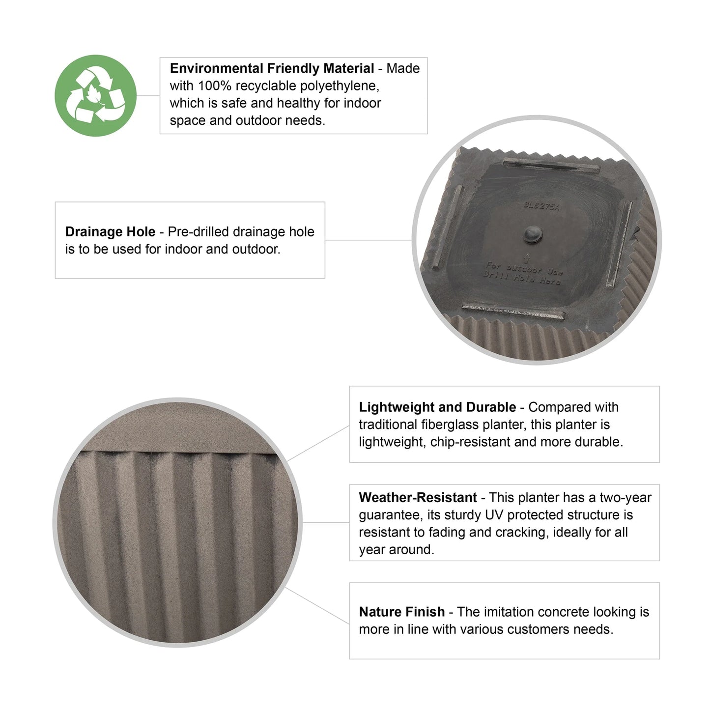 Glitzhome Set of 2 Eco-Friendly Oversized Faux Concrete Fluted Plant Pots Flower Planter Porch Decor