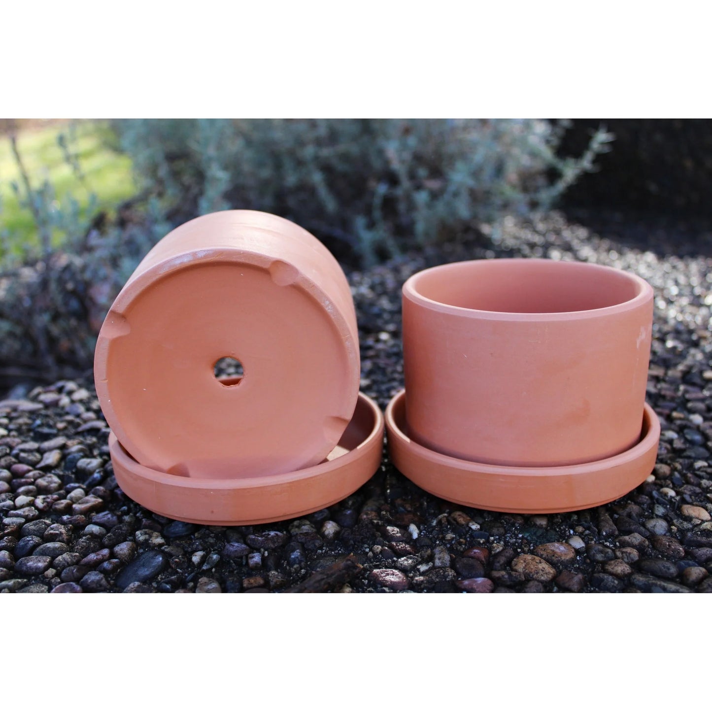 Set of 2 Terracotta Round Fat Walled Garden Planters with Individual Trays, 2 SIZES AVILABLE