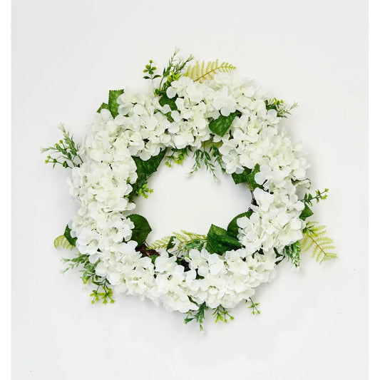 24" White Hydrangea Wreath on Natural Twig Base