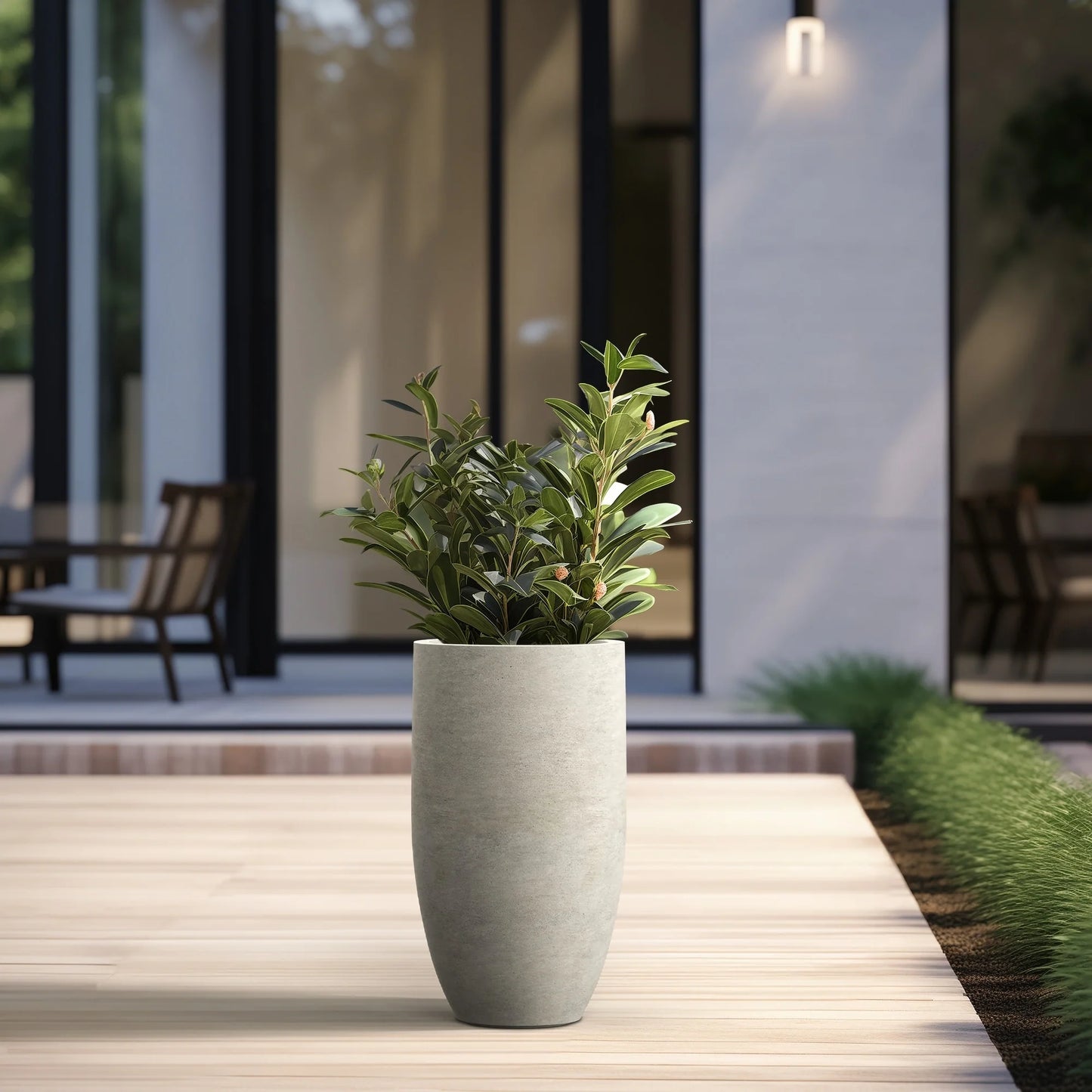 Textured Granite Gray Tall Concrete Round Plant Pots / Large Indoor and Outdoor flower Planters (13.5 Inch x 24.5 Inch)