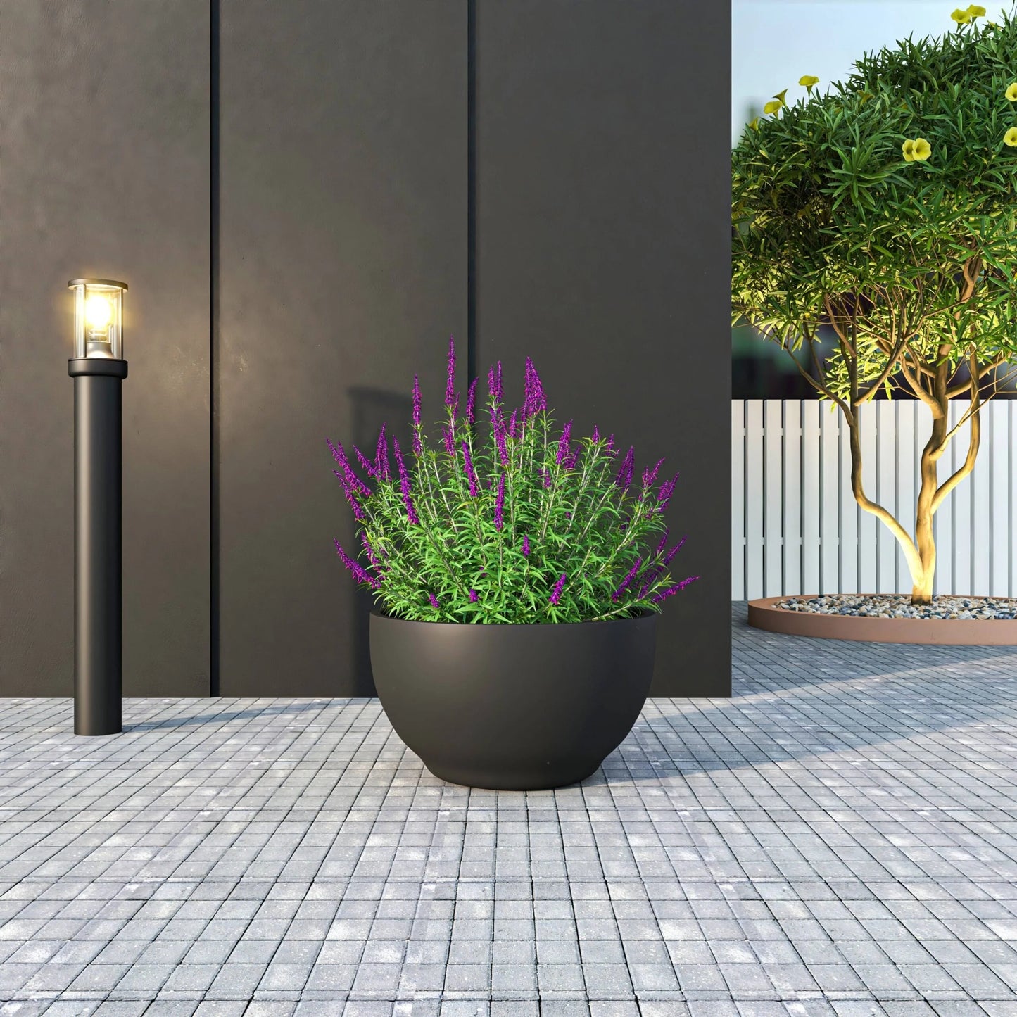 Grove Modern Round Fiberstone and MgO Clay Plant Pot with Drainage Holes for Indoor & Outdoor Home Office Yard Patio Decor