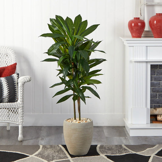 Artificial 4-foot Dracaena Plant in Sand Colored Planter (Real Touch) - Green