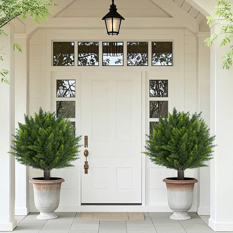 Set of 2 18" Artificial Cedar Topiary Ball Trees with Ground Spike, Indoor Outdoor Fake Shrubs Plants - Green