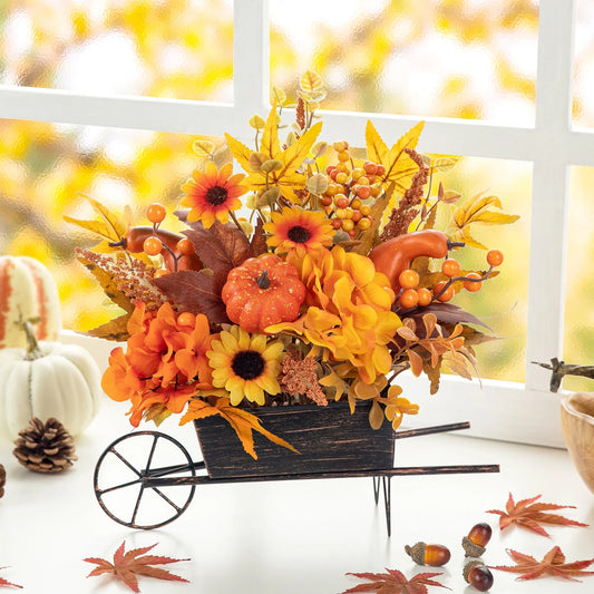Glitzhome 14"L Fall Unique Floral Cart / Multi-Colored Sorghum Cart Centerpiece Thanksgiving Table Decor