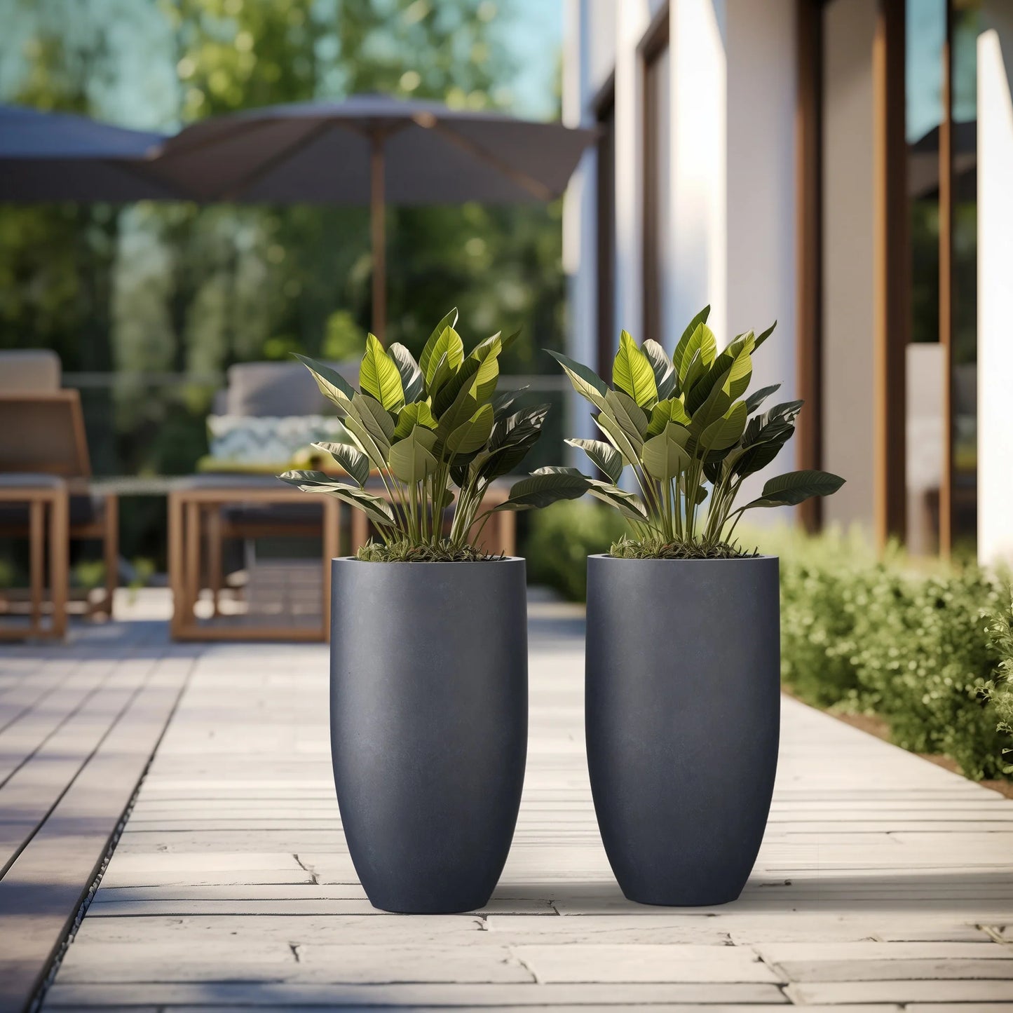 Textured Granite Gray Tall Concrete Round Plant Pots / Large Indoor and Outdoor flower Planters (13.5 Inch x 24.5 Inch)