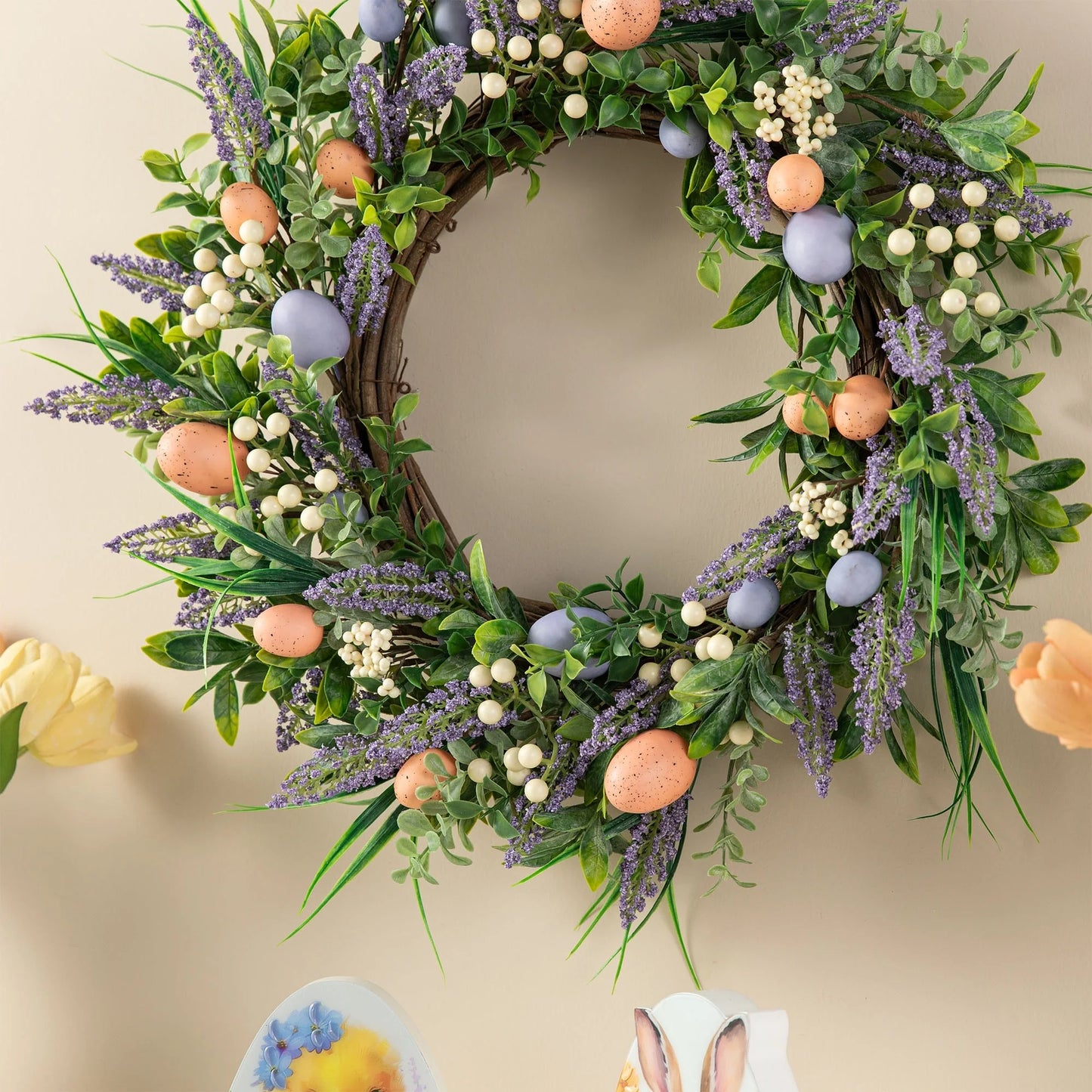 Glitzhome 22"D Artificial Easter Spring Eggs Berries Wreath for Front Door Wall Decor