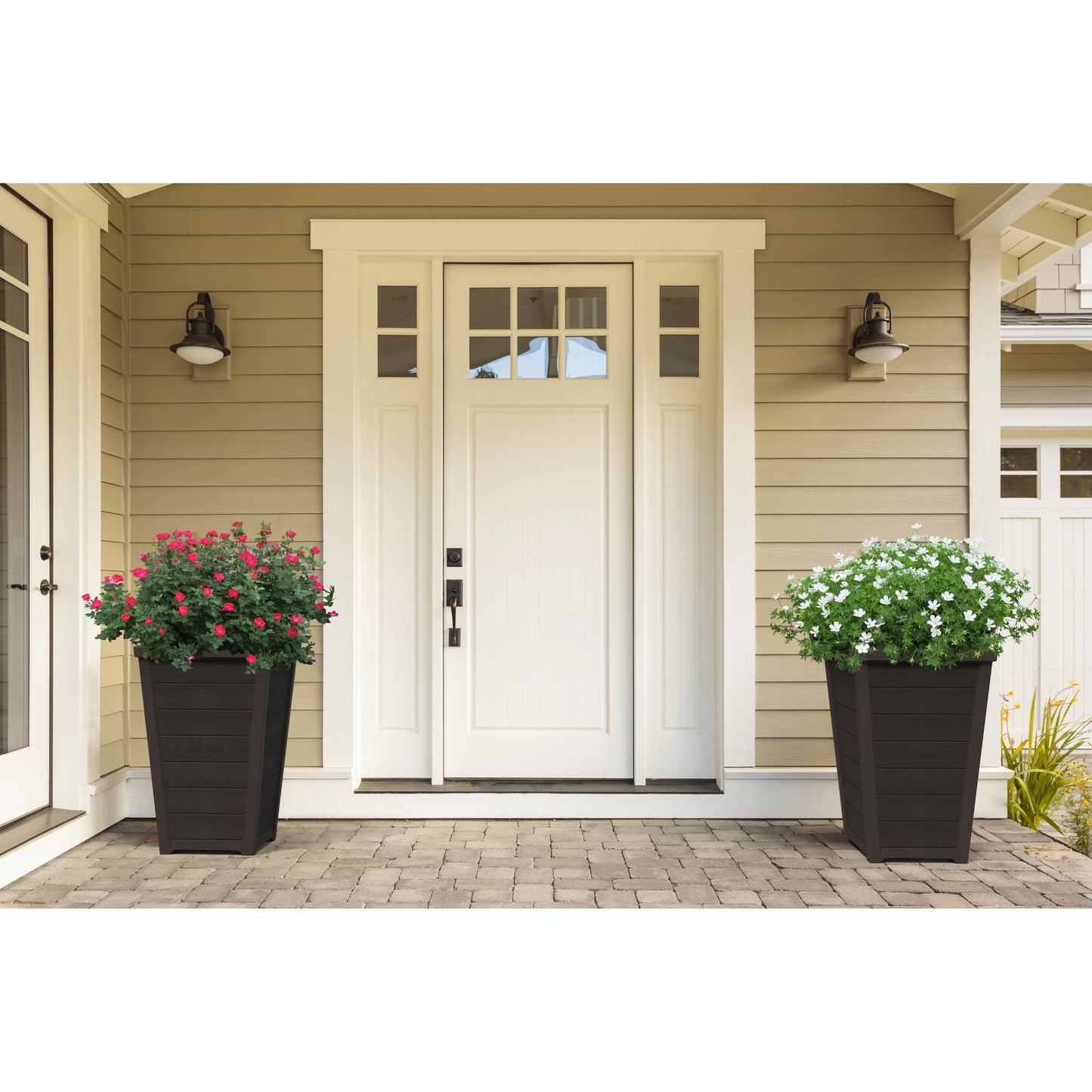 Keter Set of 2 Resin Modern Outdoor 22 Inch Tall Large Flower Pot Planters in a Stylish Tapered Wood Look Pattern