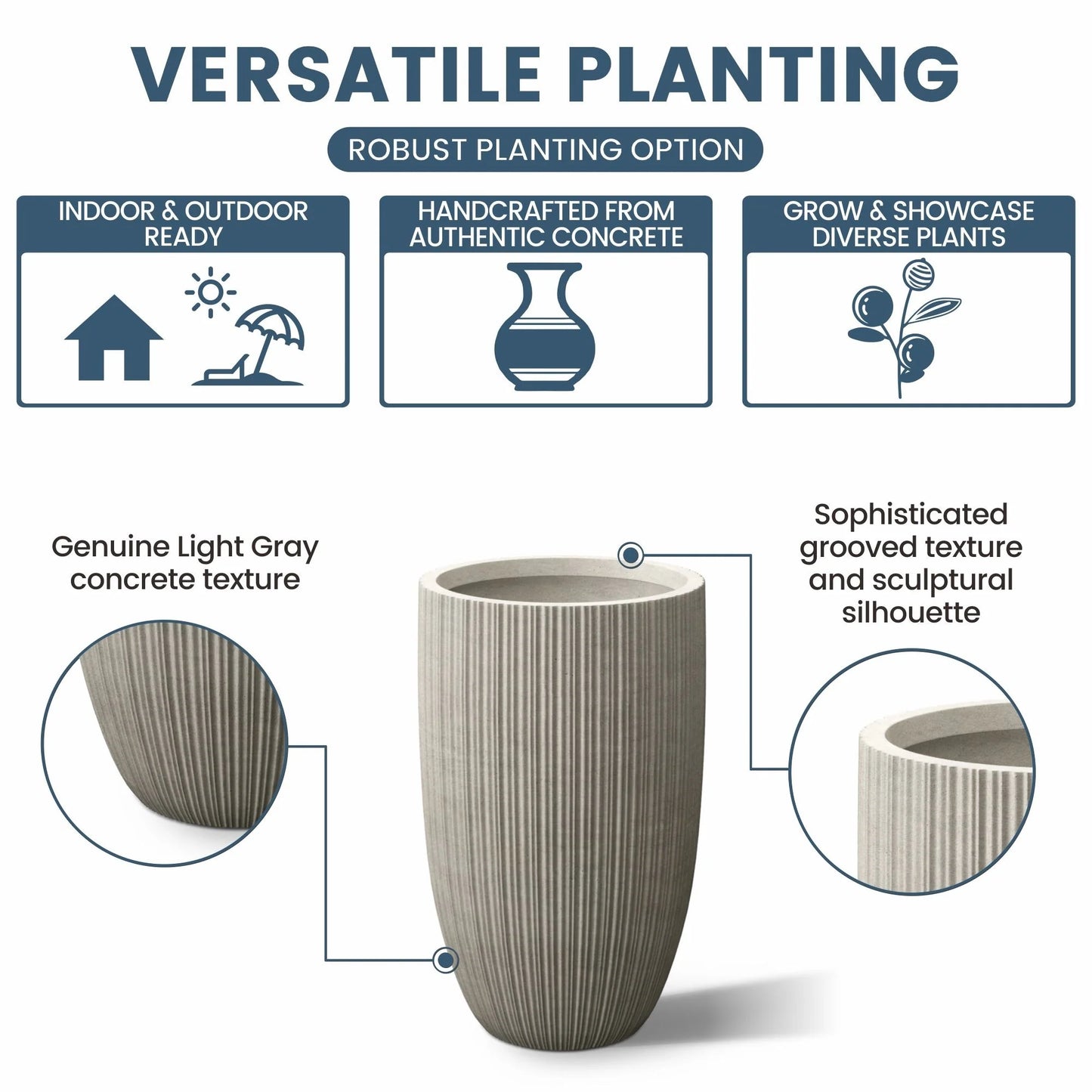 Textured Granite Gray Tall Concrete Round Plant Pots / Large Indoor and Outdoor flower Planters (13.5 Inch x 24.5 Inch)