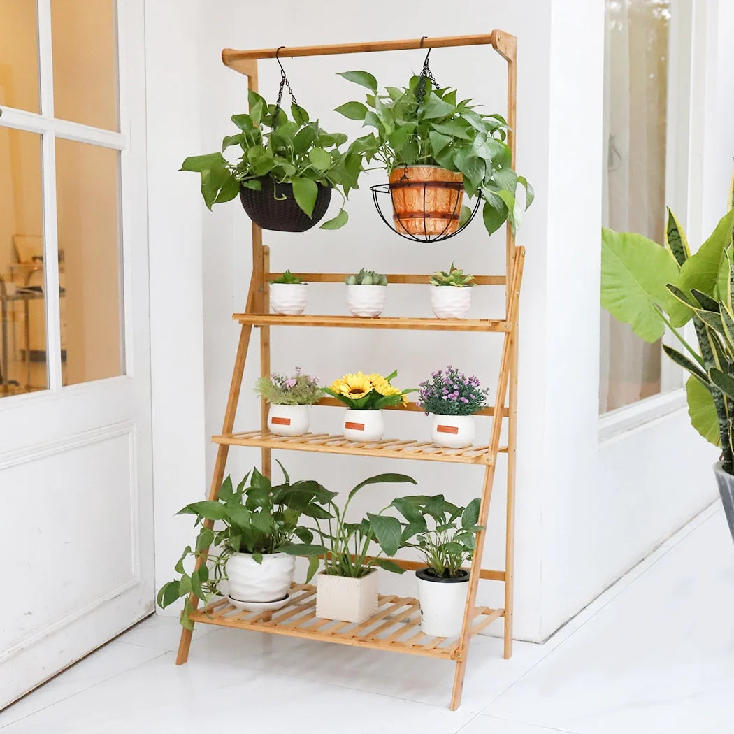 3 Tier Bamboo Hanging Plant Stand Ladder Flower Rack Hanging Baskets