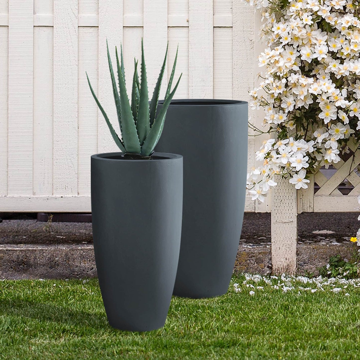 Kante 31.4" and 23.6"H Weathered Finish Concrete Tall Planters (Set of 2), Large Outdoor Indoor