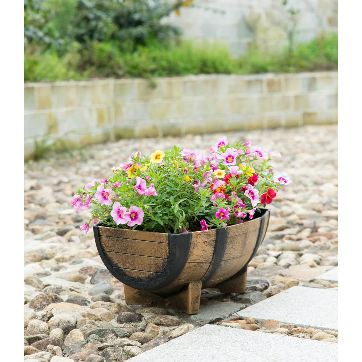 Gardenised 2-Piece Rectangular Half Barrel Flower Pots Rustic Farmhouse Style Faux Wood Planter Containers for Indoor & Outdoor