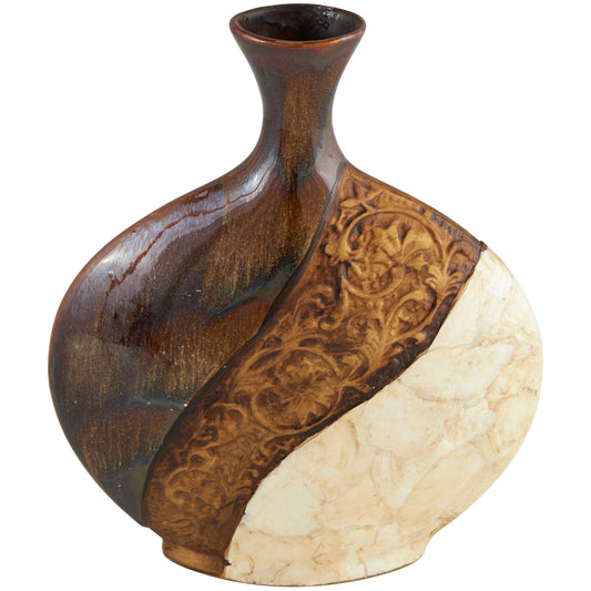 Ceramic Vase with Embedded Details and Capiz Shell Accents - Brown - Roche River Decor