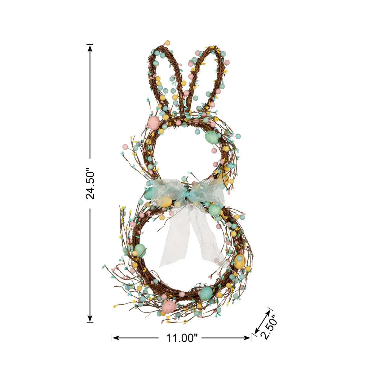 Glitzhome 24.5"H Easter Spring Bunny Shaped Eggs Wreath with Satin Ribbon Bow for Front Door Wall Decor
