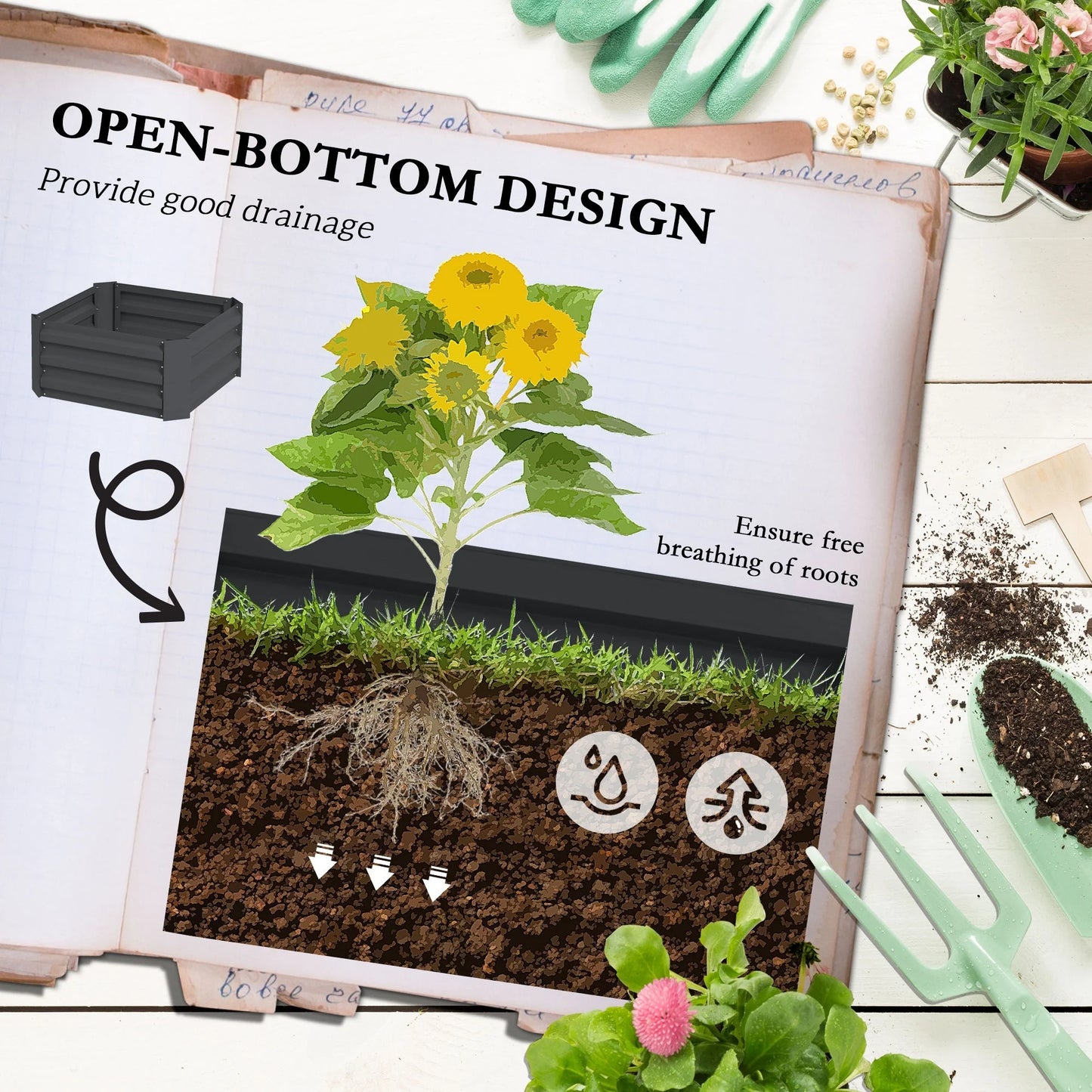 Outsunny Galvanized Raised Garden Bed, 24" x 24" x 11.75" Outdoor Planter Box with Trellis Tomato Cage and Open Bottom