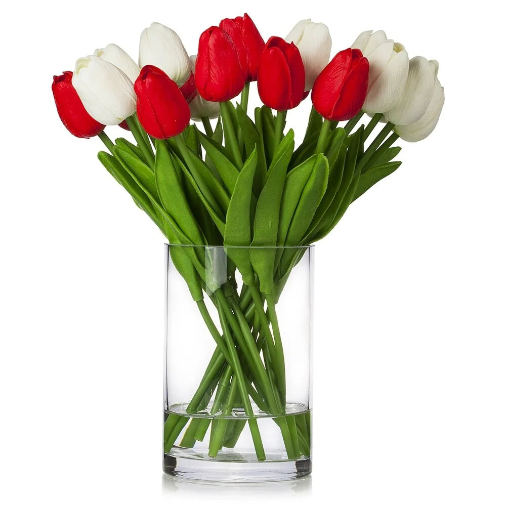 Enova Home 20 Pieces Artificial Real Touch Tulips Fake Silk Flowers Arrangement in Glass Vase with Faux Water for Home Decor