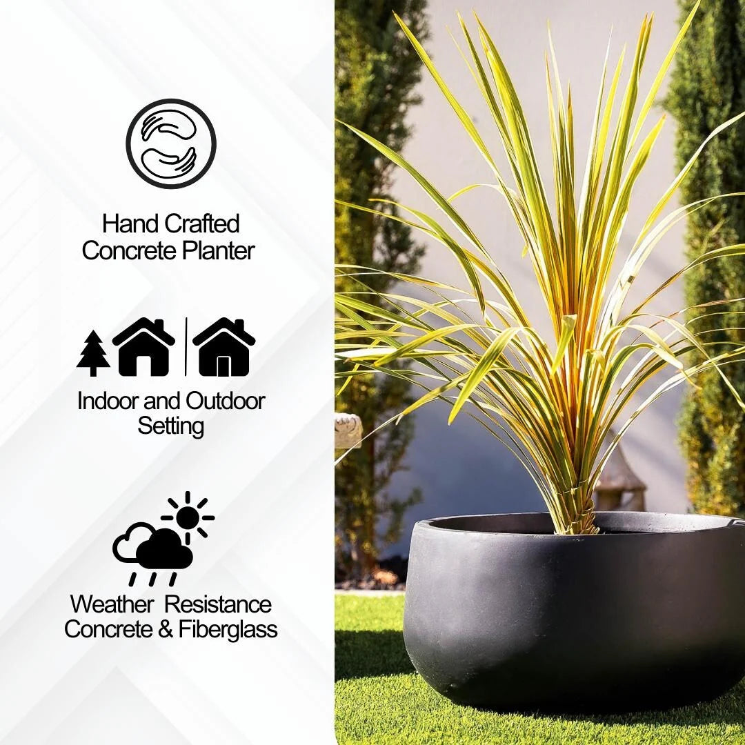 Kante 19.6"W Weathered Concrete Round Planter, Outdoor/Indoor Modern Planter, Seamless with Drainage Hole, Black