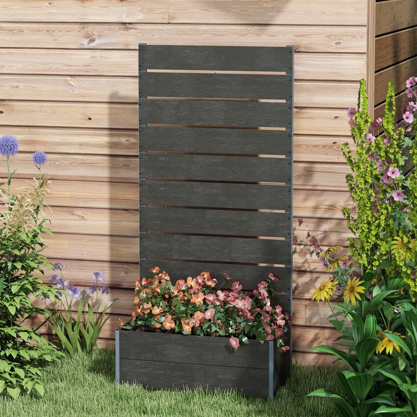 Outsunny Raised Garden Bed with Trellis for Climbing Plants, Planter Box with Drainage Gap, Freestanding Trellis Planter