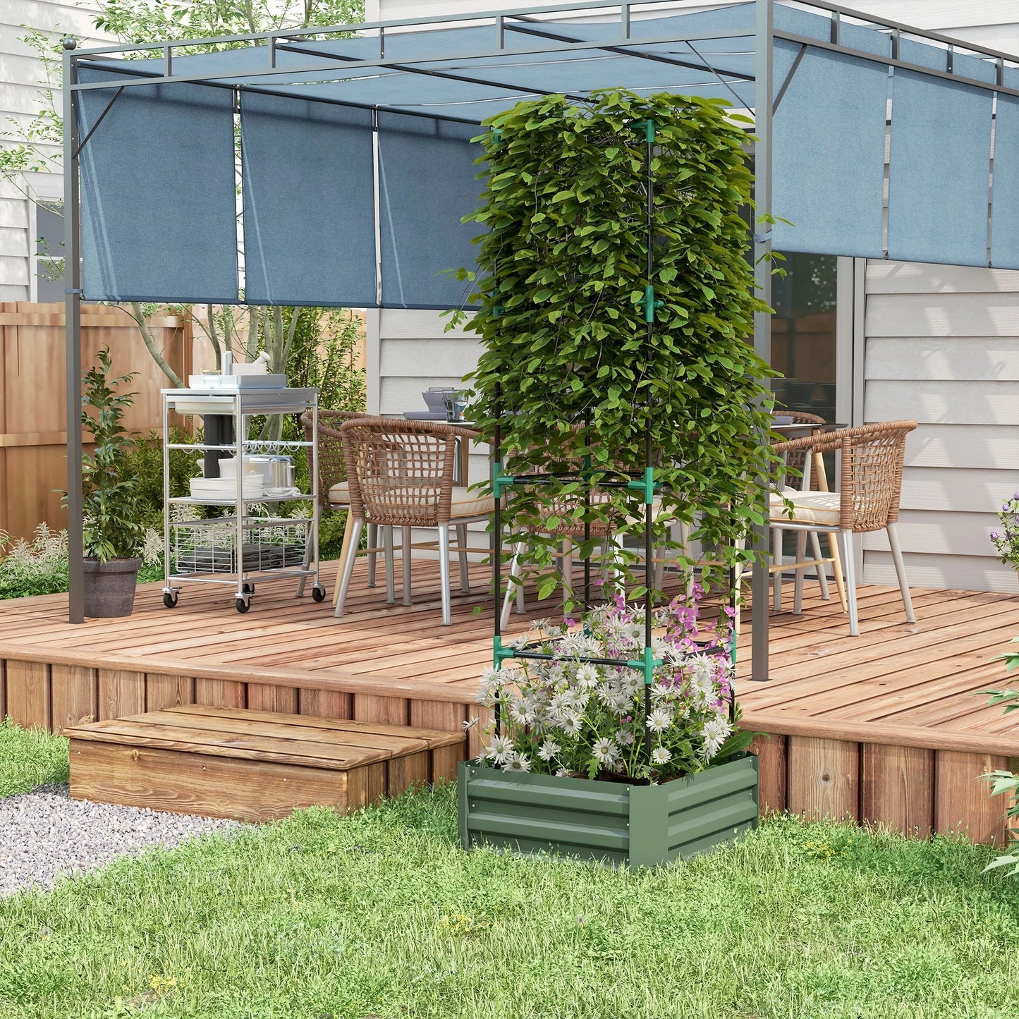 Outsunny Galvanized Raised Garden Bed, 24" x 24" x 11.75" Outdoor Planter Box with Trellis Tomato Cage and Open Bottom