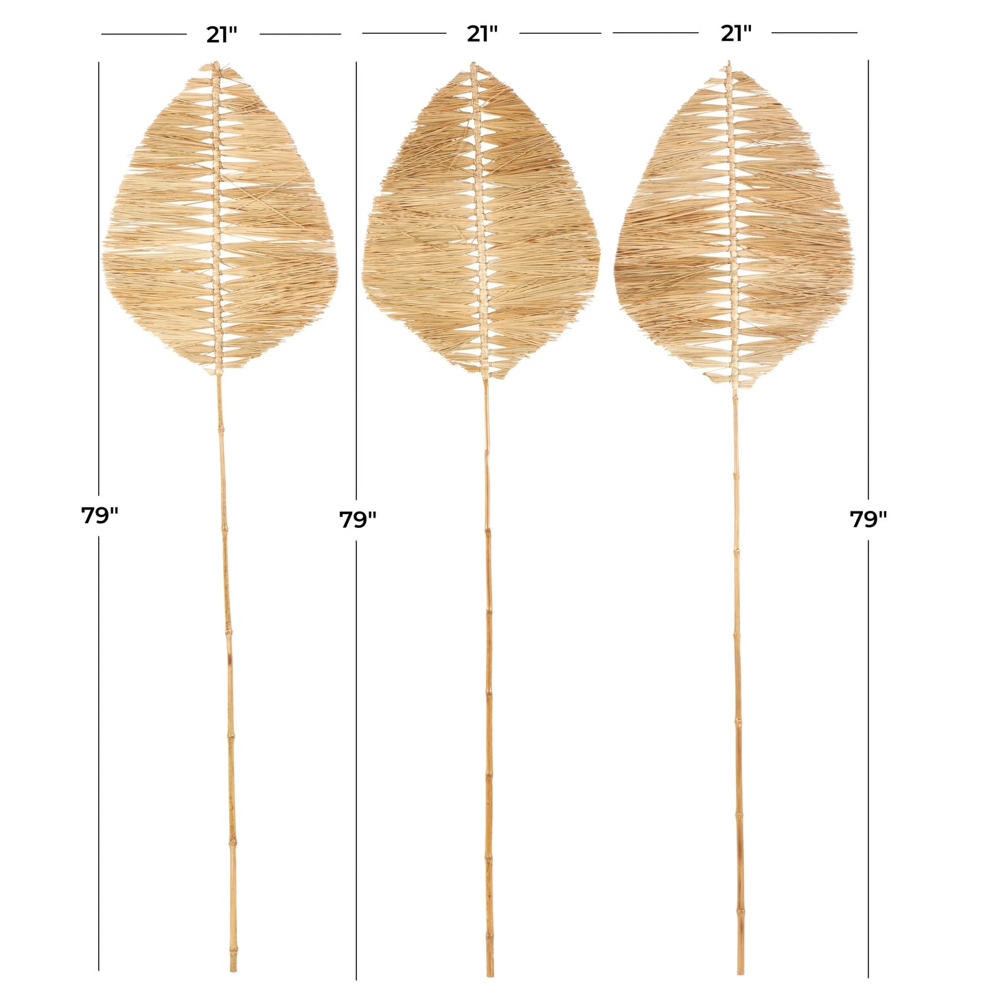 Bamboo Wood Leaf Handmade Tall Tassel Palm Leaf Fan Stick Home Decor Natural Foliage - Set of 3 Light Brown - Roche River Decor