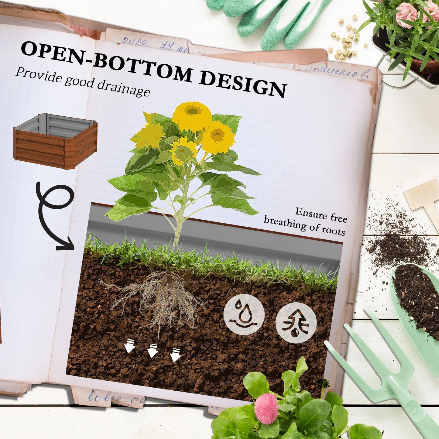 Outsunny Galvanized Raised Garden Bed, 24" x 24" x 11.75" Outdoor Planter Box with Trellis Tomato Cage and Open Bottom