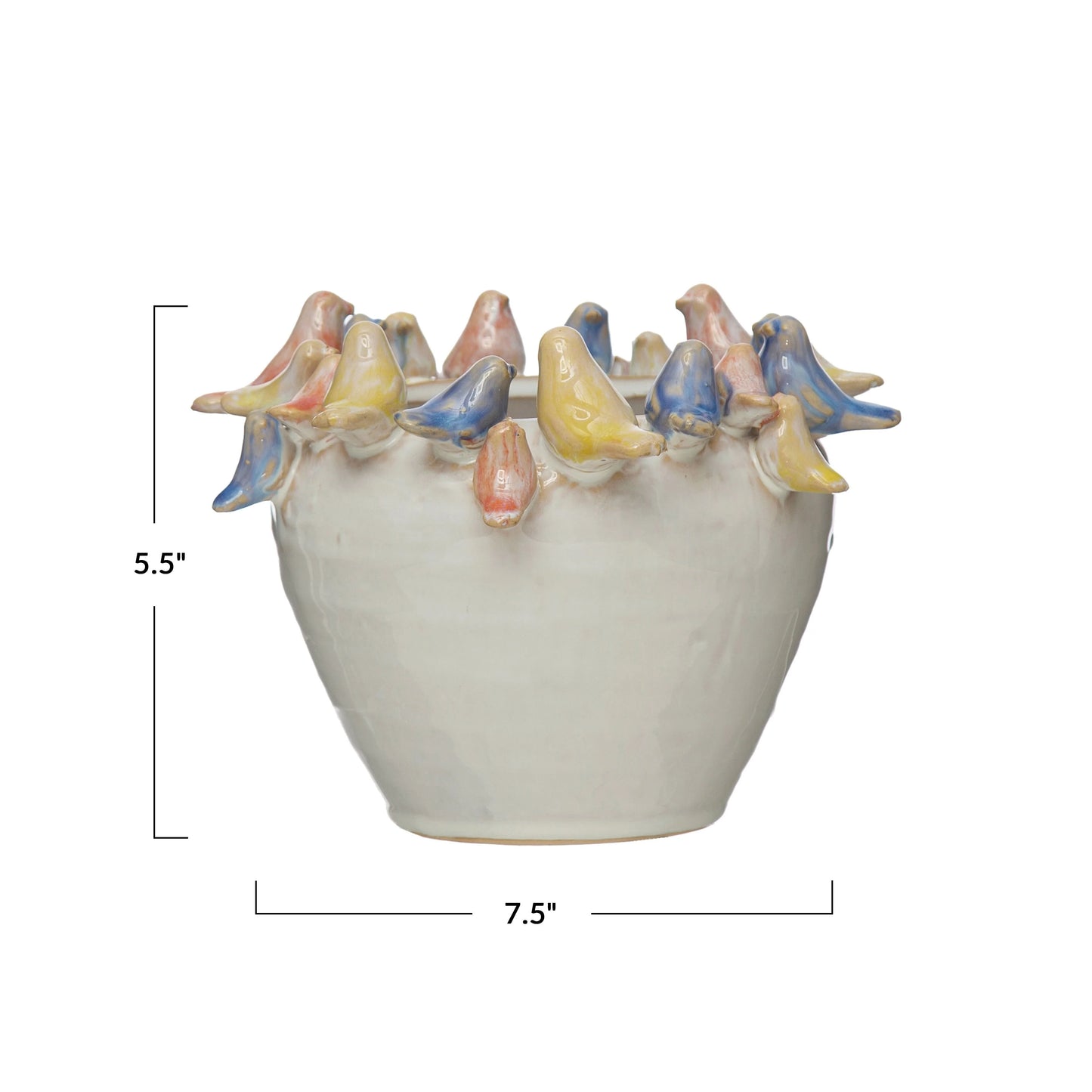 Stoneware Planter with Birds on Rim, Reactive Glaze
