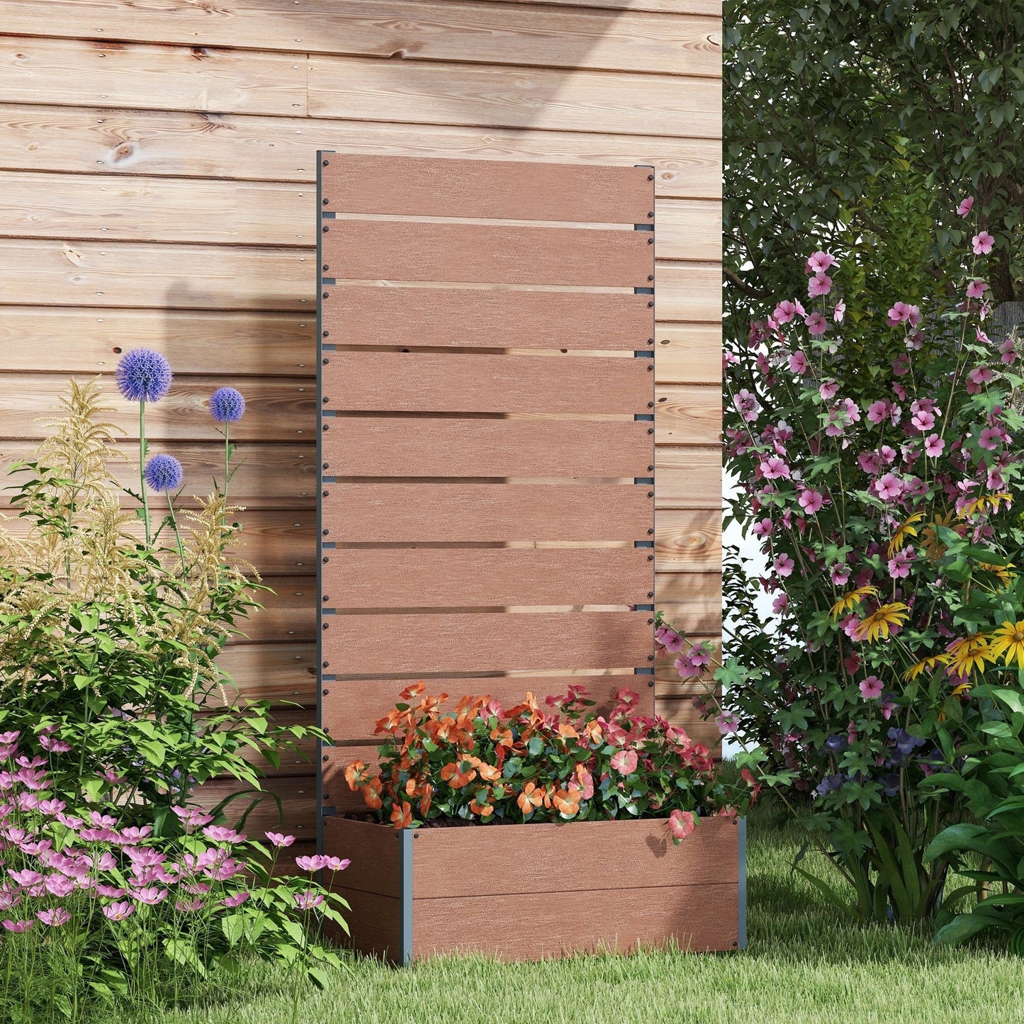 Outsunny Raised Garden Bed with Trellis for Climbing Plants, Planter Box with Drainage Gap, Freestanding Trellis Planter