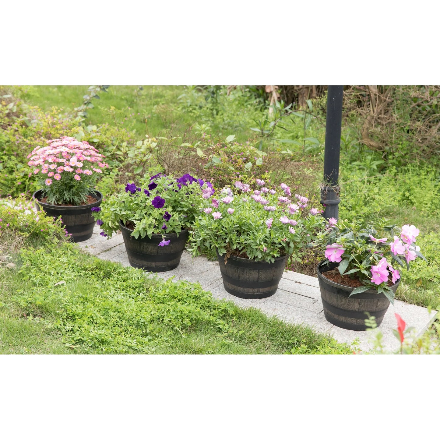 Gardenised 4-Piece Round Half Barrel Flower Pots Rustic Farmhouse Style Faux Wood Planter Containers for Indoor & Outdoor Use