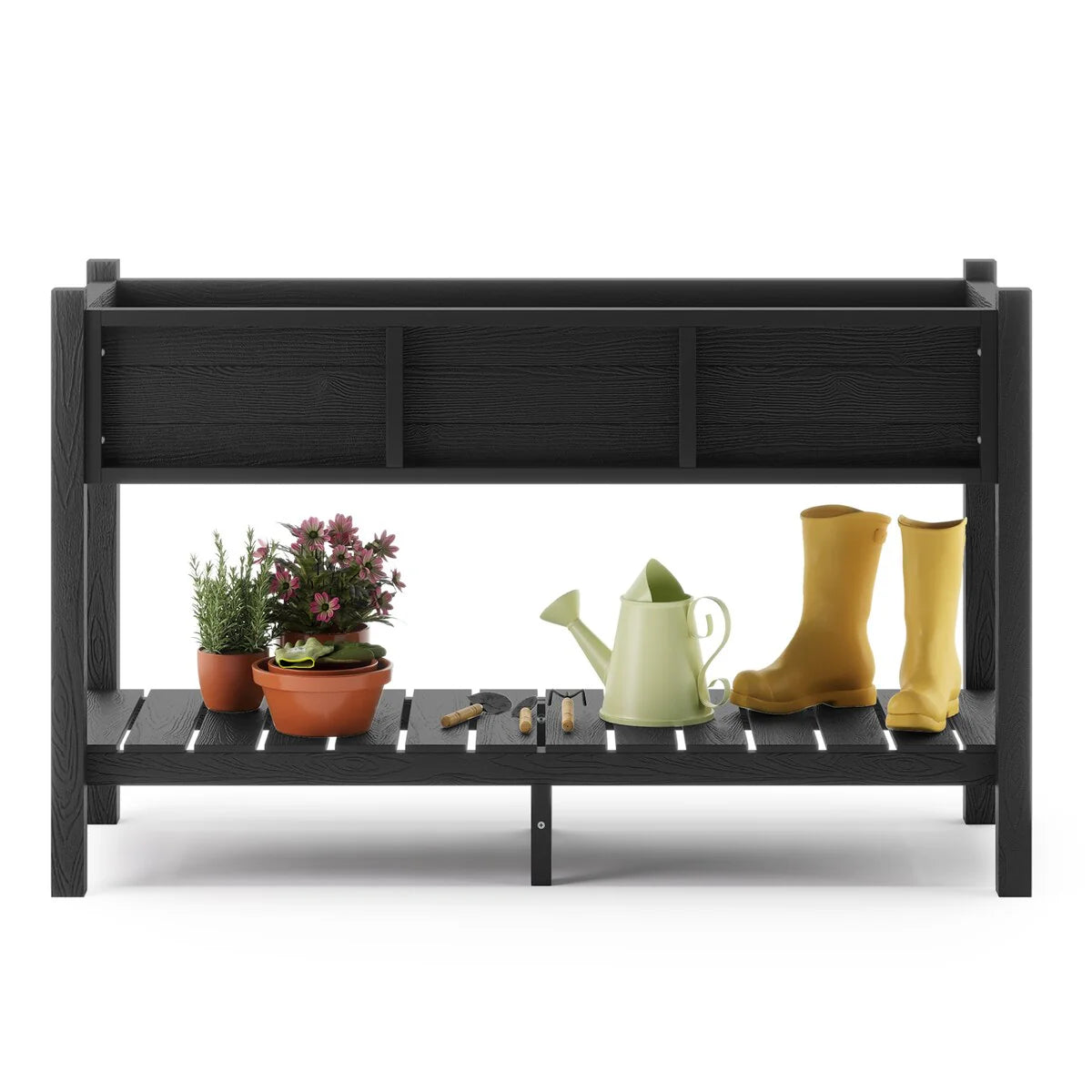 LUE BONA Patio Plastic Raised Elevated Garden Bed HDPS Planter Box Stand with Storage Shelf and Legs