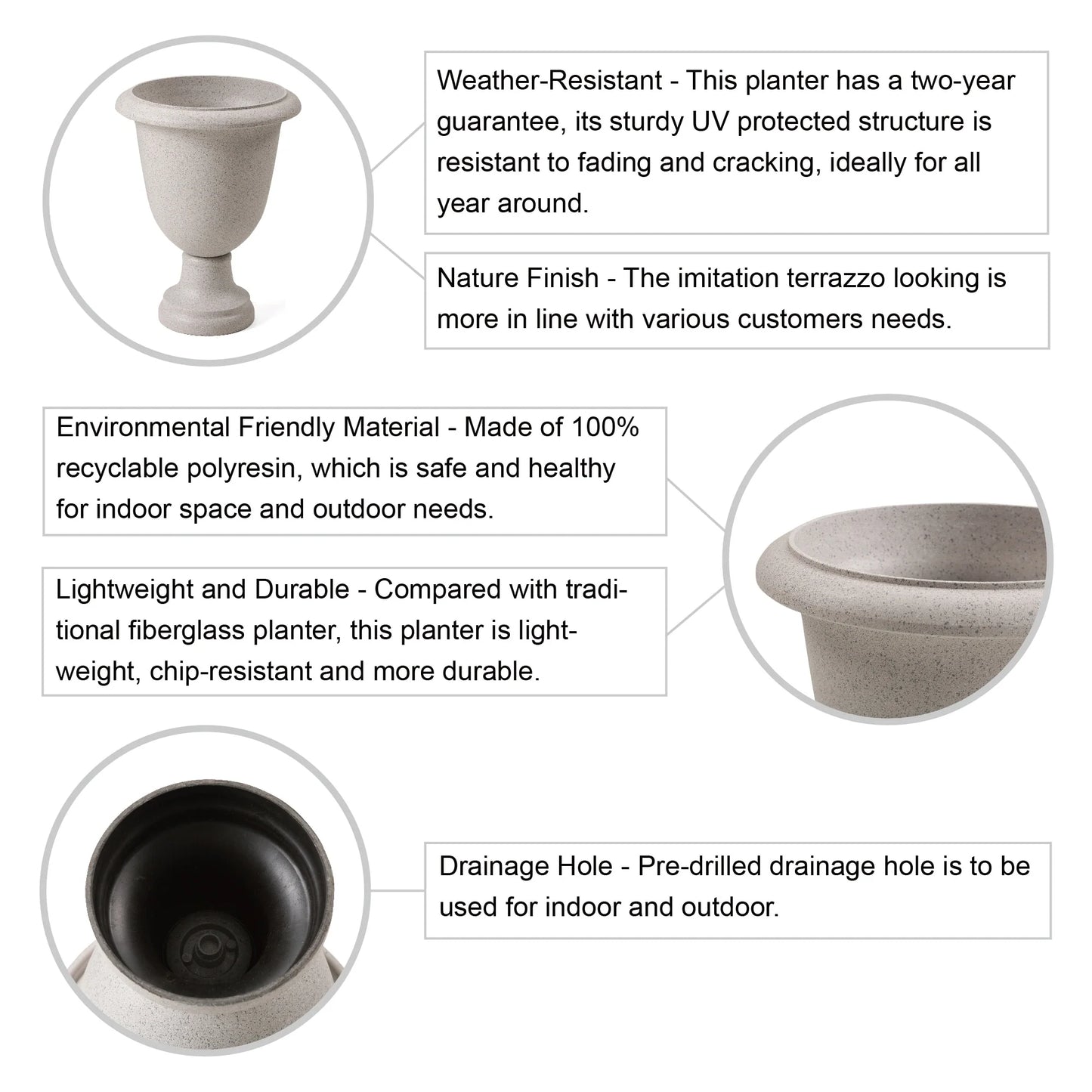Glitzhome Modern Oversized Eco-Friendly PE Faux Terrazzo Urn Planter Porch Flowerpot (Set of 2/Set of 3)