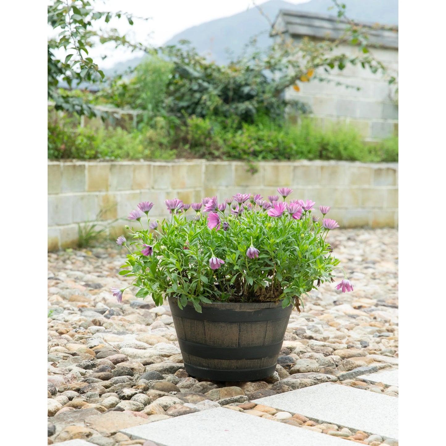 Gardenised 4-Piece Round Half Barrel Flower Pots Rustic Farmhouse Style Faux Wood Planter Containers for Indoor & Outdoor Use