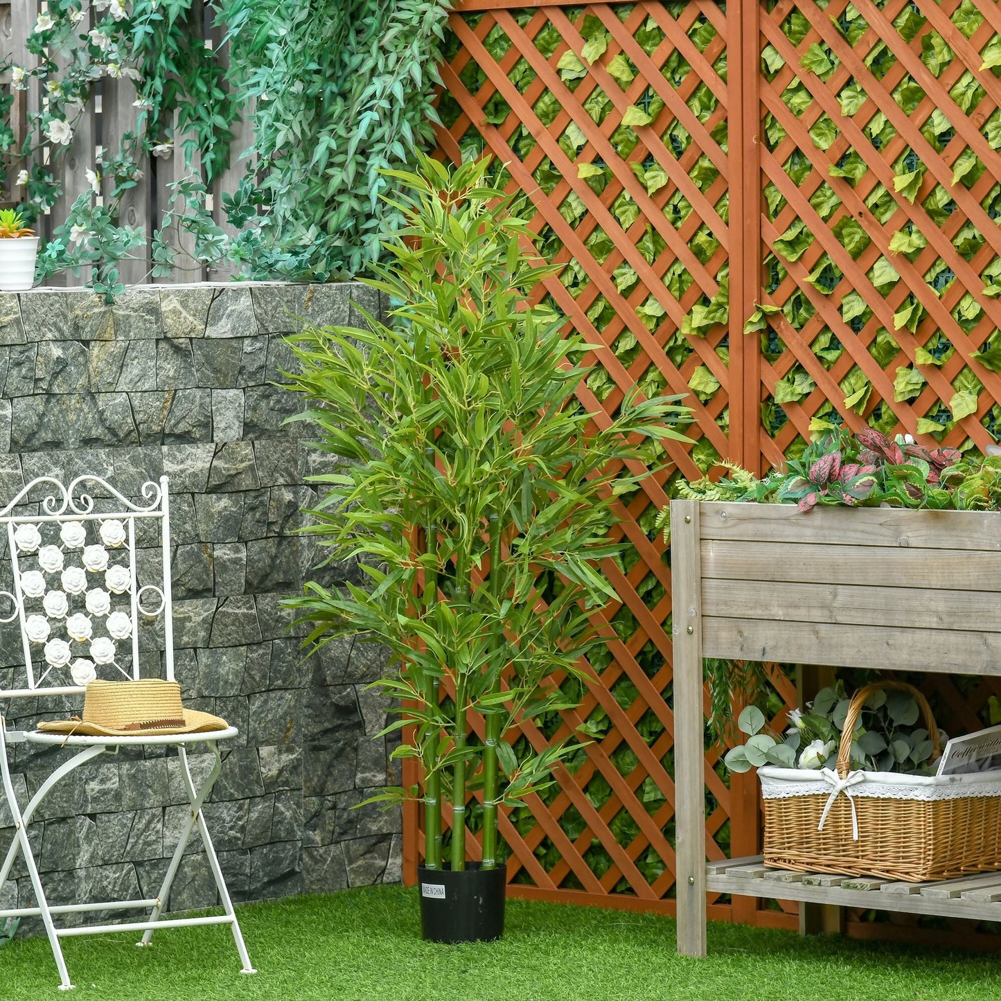 HOMCOM 5FT Artificial Bamboo Tree Faux Decorative Plant in Nursery Pot for Indoor Outdoor Décor - 6.75" x 6.75" x 59"