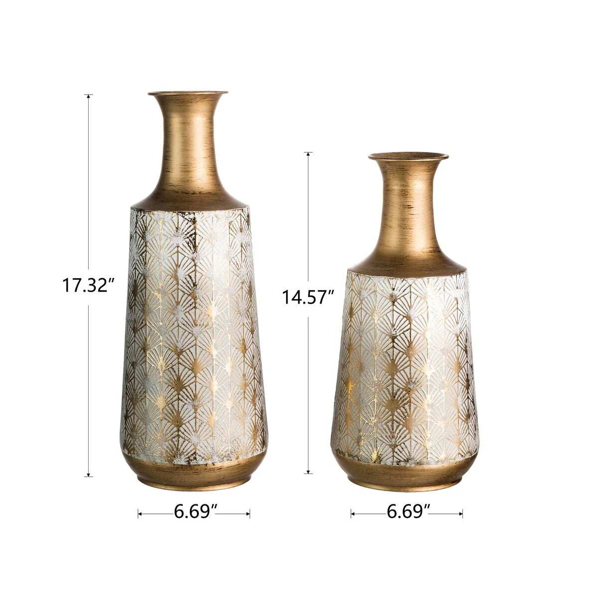 Glitzhome Set of 2 Distressed Traditional Vintage Gold/White Metal Vases