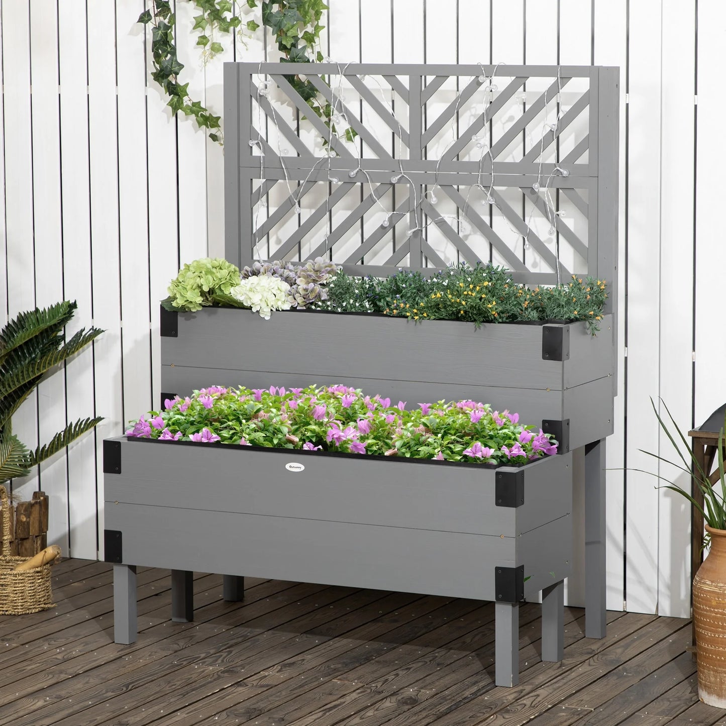 Outsunny 2 Tier Raised Garden Bed with Trellis, Wooden Elevated Planter Box with Legs and Metal Corners