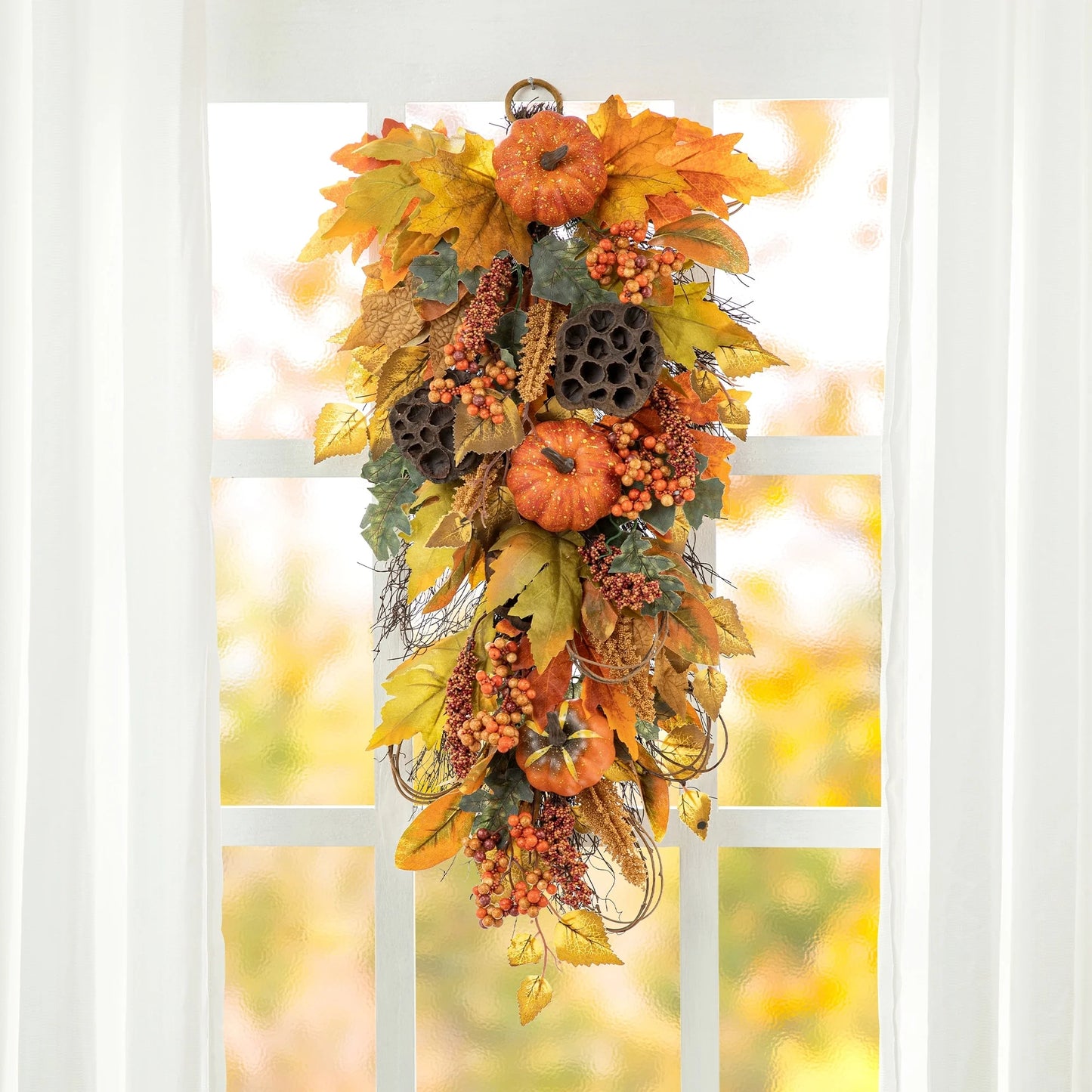 Glitzhome 26"H Fall Sunflower Pumpkin Lotus Leaf Teardrop Swag for Thanksgiving