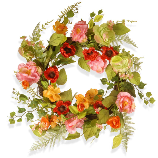 National Tree Company 22 inch Artificial Spring Wreath with Assorted Flowers, Fern Fronds, and Leafy Greens - 22 IN