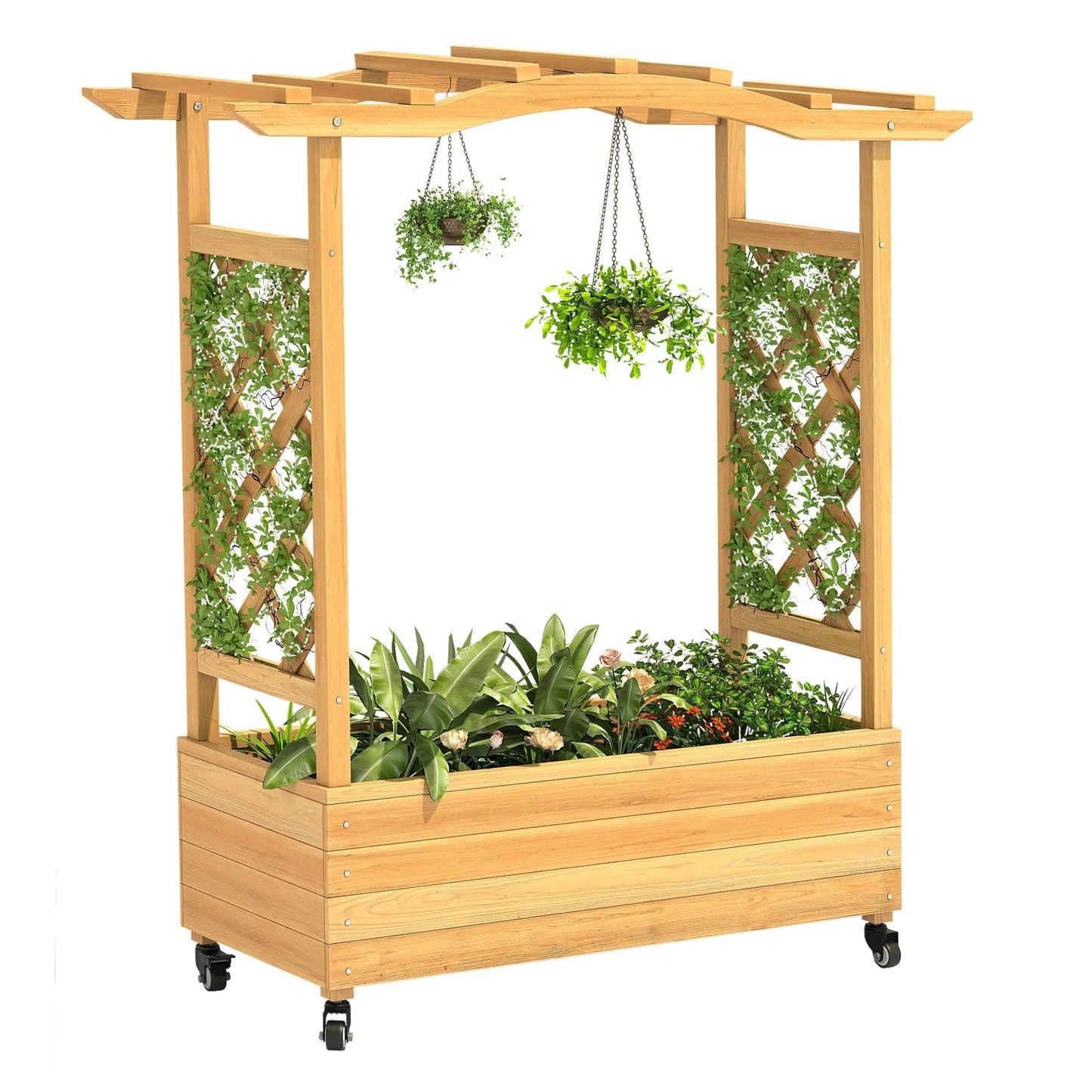 Moasis Outdoor Garden Solid Wood Planter Box with Arch Trellis,Free-Standing Planters Raised Bed for Climbing Plants