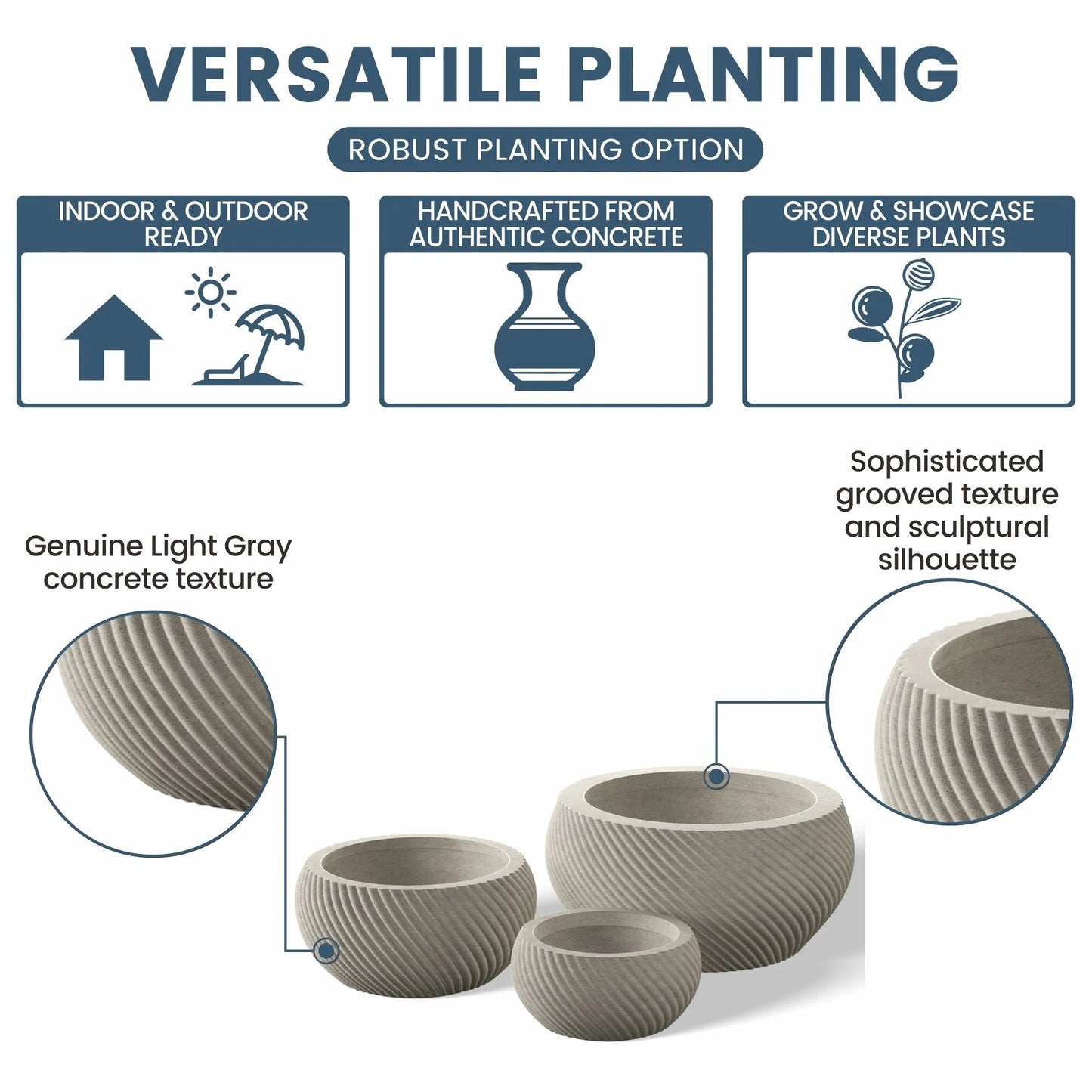 Textured Concrete Round Plant Pots / Large Indoor and Outdoor flower Planters