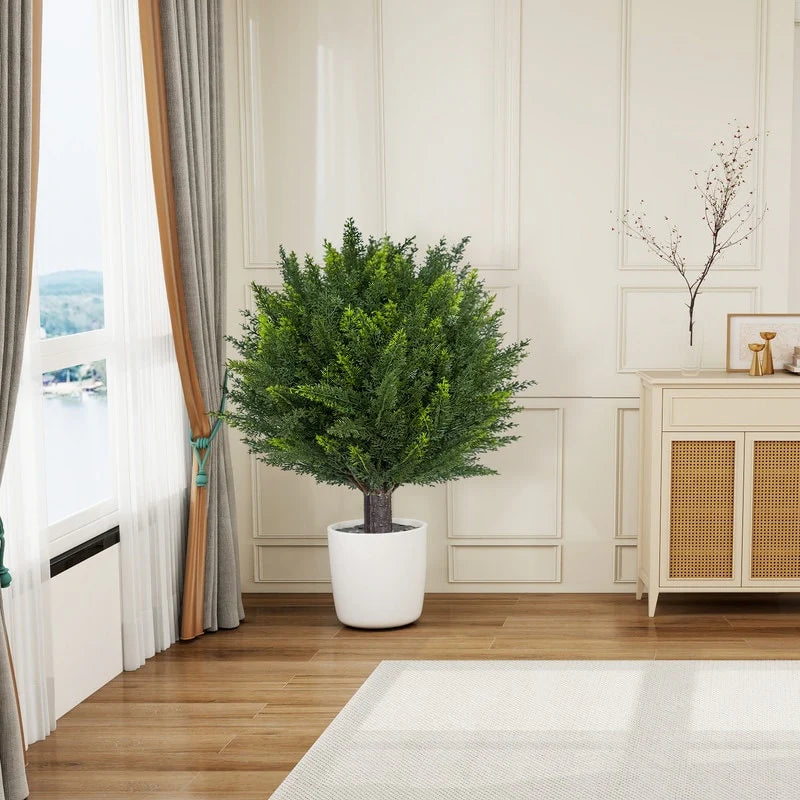 Set of 2 18" Artificial Cedar Topiary Ball Trees with Ground Spike, Indoor Outdoor Fake Shrubs Plants - Green