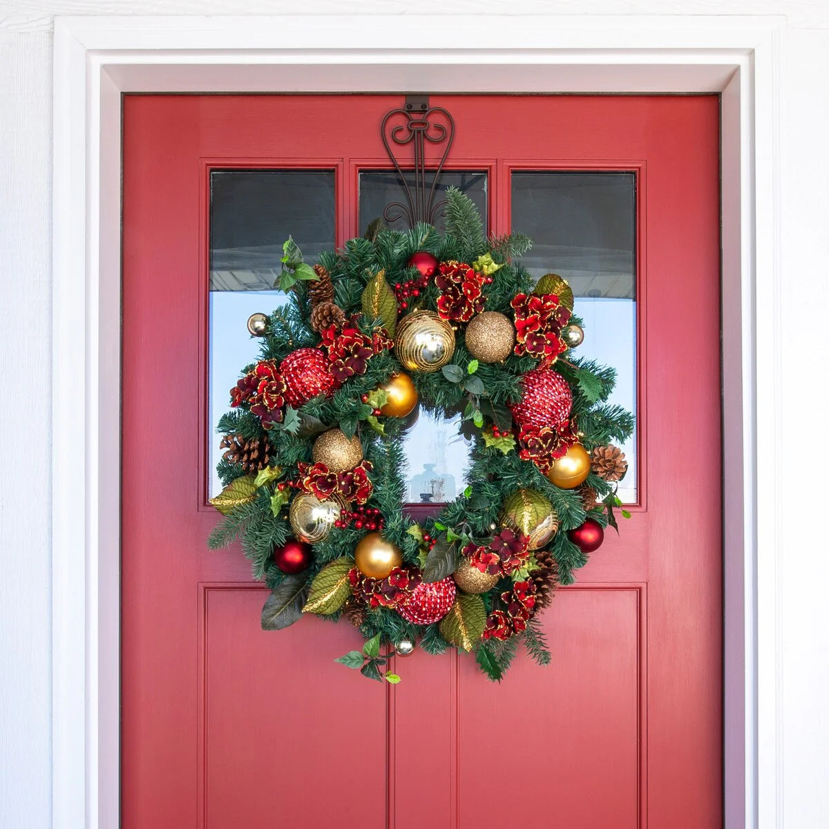 30 in. Lighted Christmas Wreath - Scarlet Hydrangea - Red