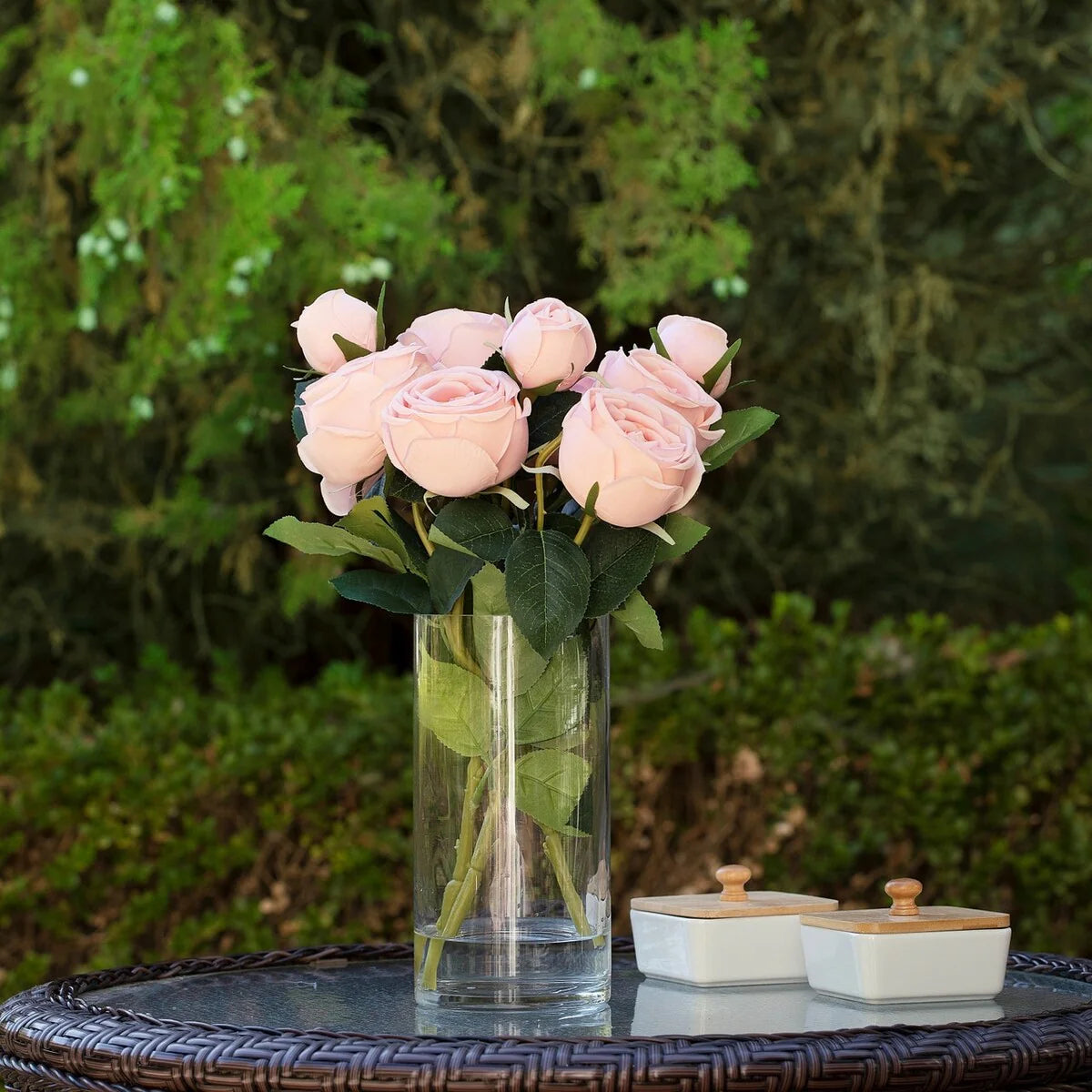 Enova Home Artificial Silk Rose Flowers in Clear Glass Vase with Faux Water for Home Office Wedding Decoration - N/A