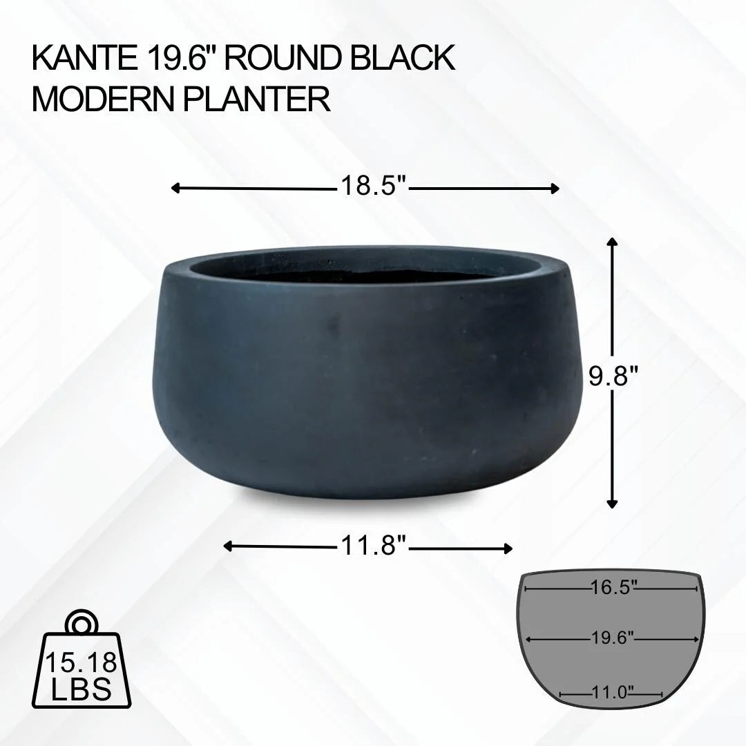 Kante 19.6"W Weathered Concrete Round Planter, Outdoor/Indoor Modern Planter, Seamless with Drainage Hole, Black