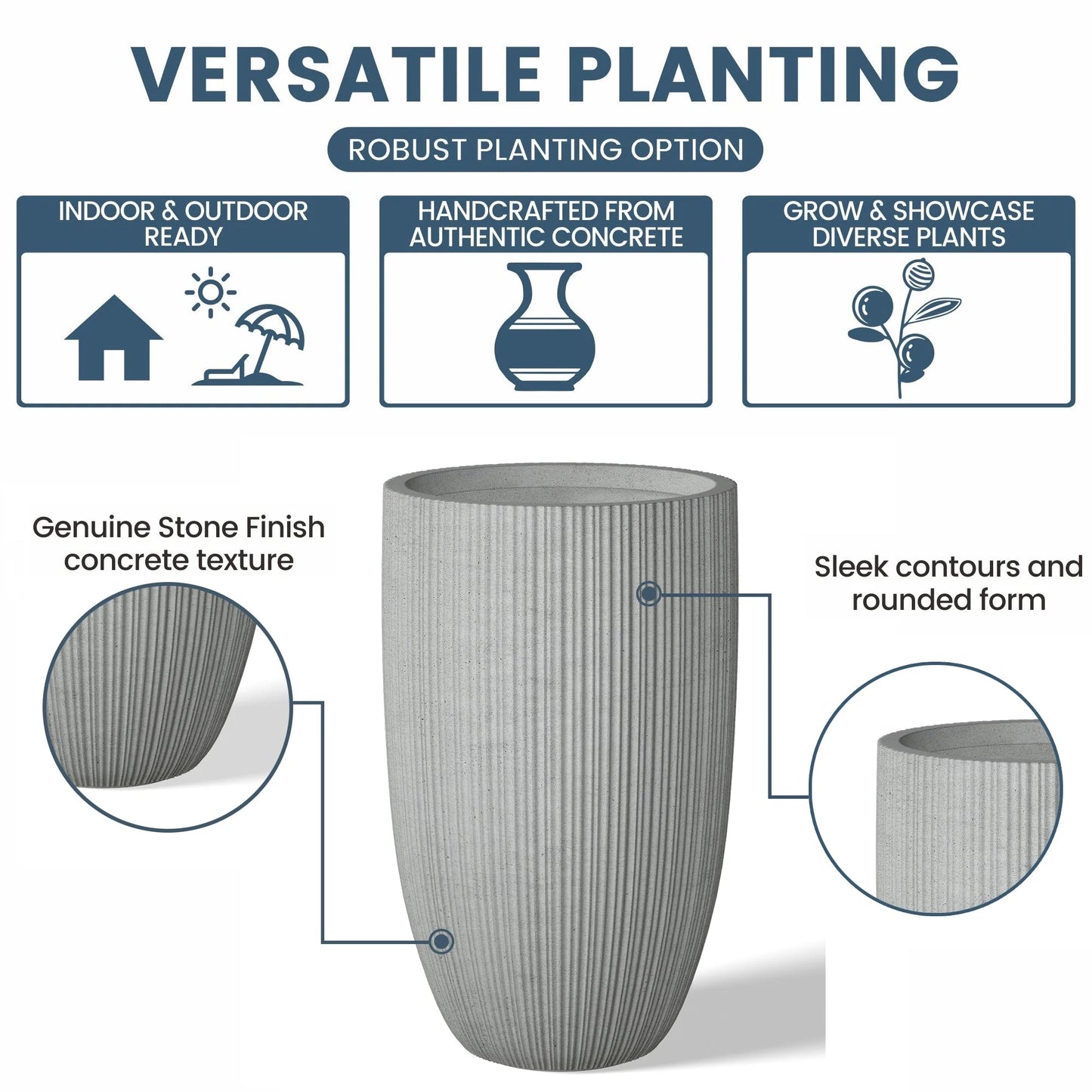 Textured Granite Gray Tall Concrete Round Plant Pots / Large Indoor and Outdoor flower Planters (13.5 Inch x 24.5 Inch)