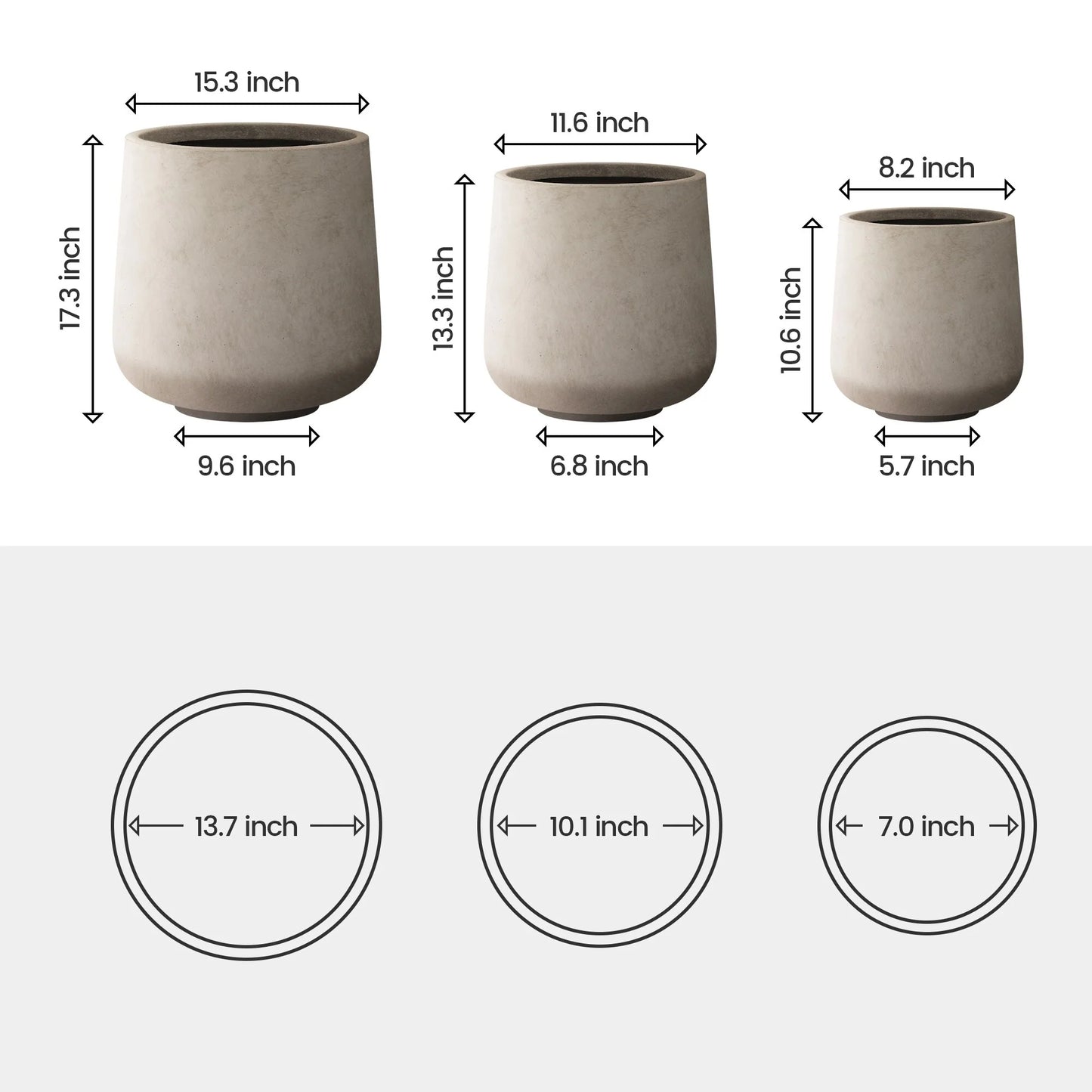 Plantara 17", 13", & 10" H Round Concrete planter (Set of 3), Outdoor Modern Planter pot,Flower pot for Garden