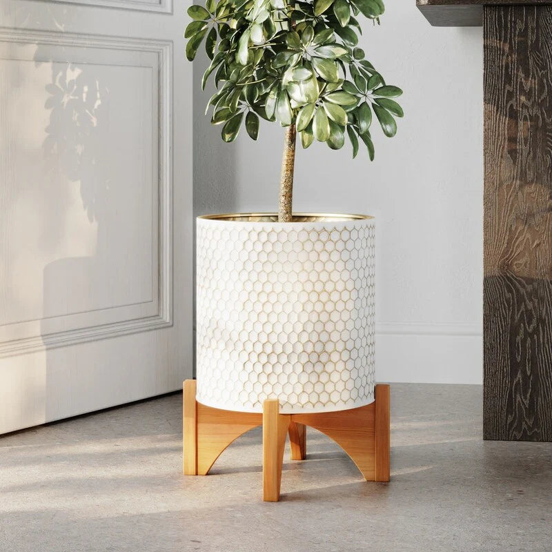 Honeycomb Mid-Century Modern Indoor Metal Pot Planter with Arch Wood Base