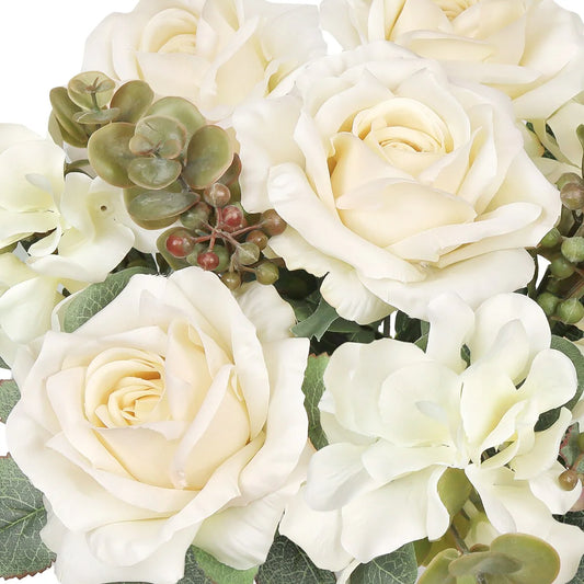Set of 2 Cream Ivory Artificial Mixed Rose Hydrangea Flower Stem Bush Bouquet 19in - 19" L x 12" W x 12" DP