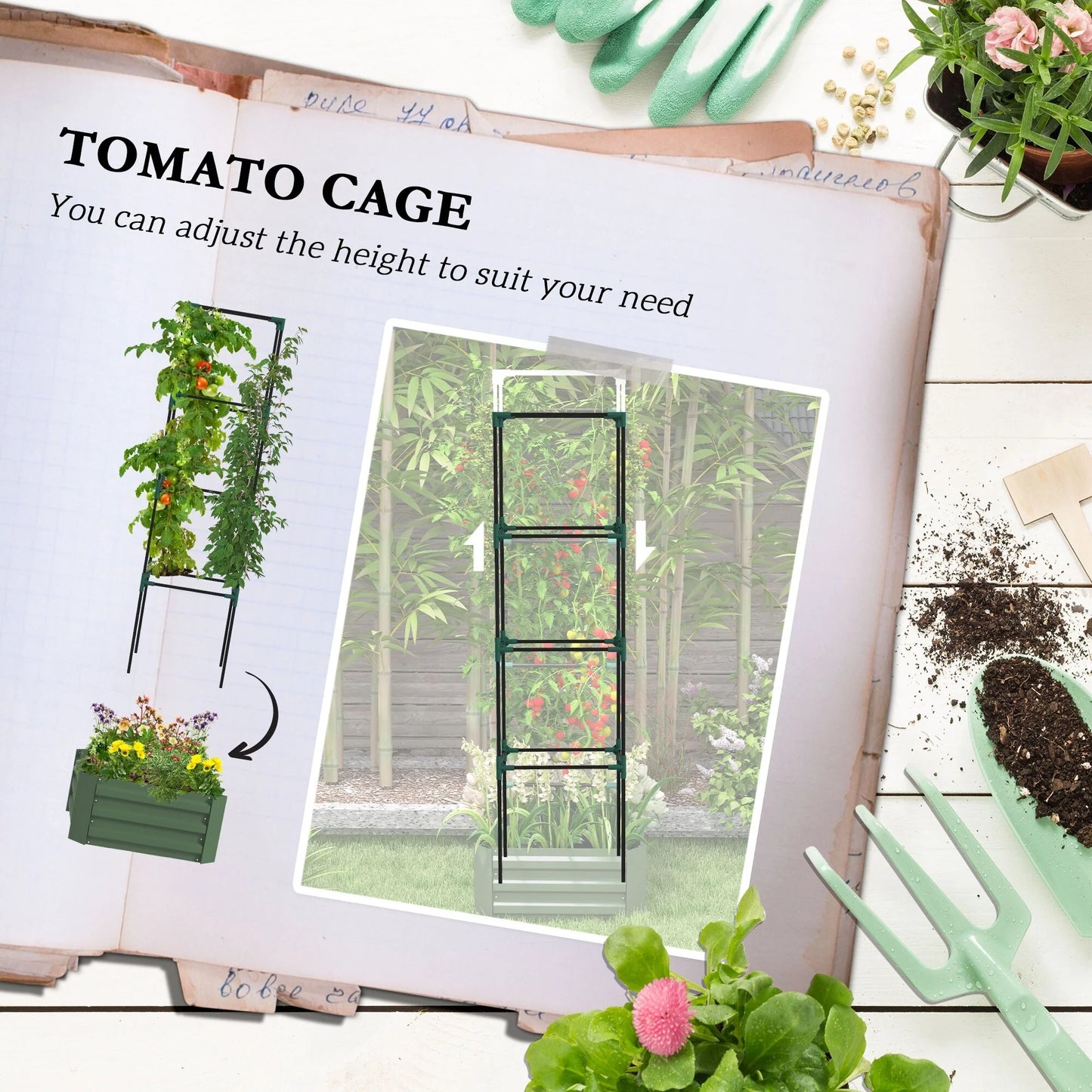 Outsunny Galvanized Raised Garden Bed, 24" x 24" x 11.75" Outdoor Planter Box with Trellis Tomato Cage and Open Bottom