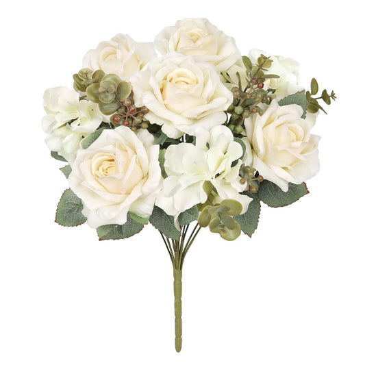 Set of 2 Cream Ivory Artificial Mixed Rose Hydrangea Flower Stem Bush Bouquet 19in - 19" L x 12" W x 12" DP